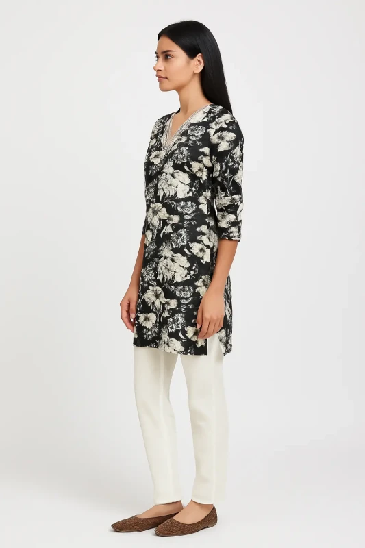 Black Floral Kurta with White Pajama