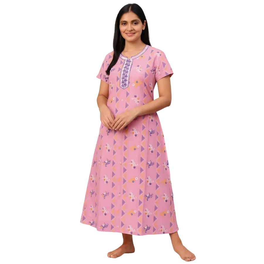 Pink Blossom Geometric Printed Cotton Nighty