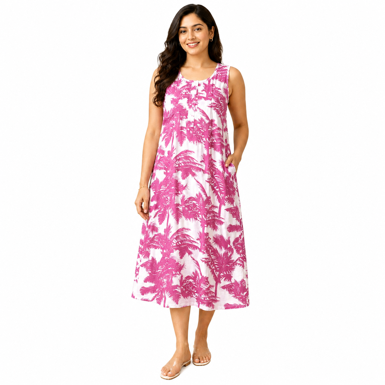 Stylish Pink Tropical Print Sleeveless Kurti Dress for Women