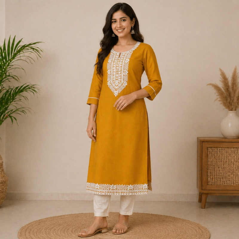 Mustard Yellow Embroidered Straight Kurti Set