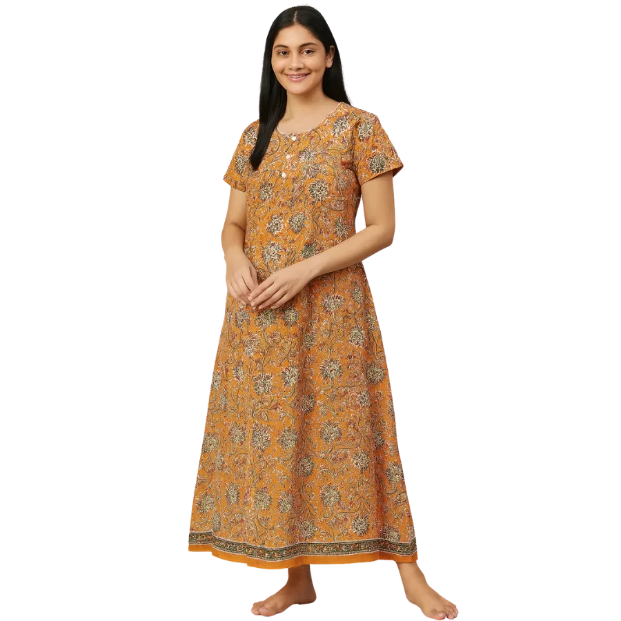 Mustard Floral Elegance Cotton Nighty