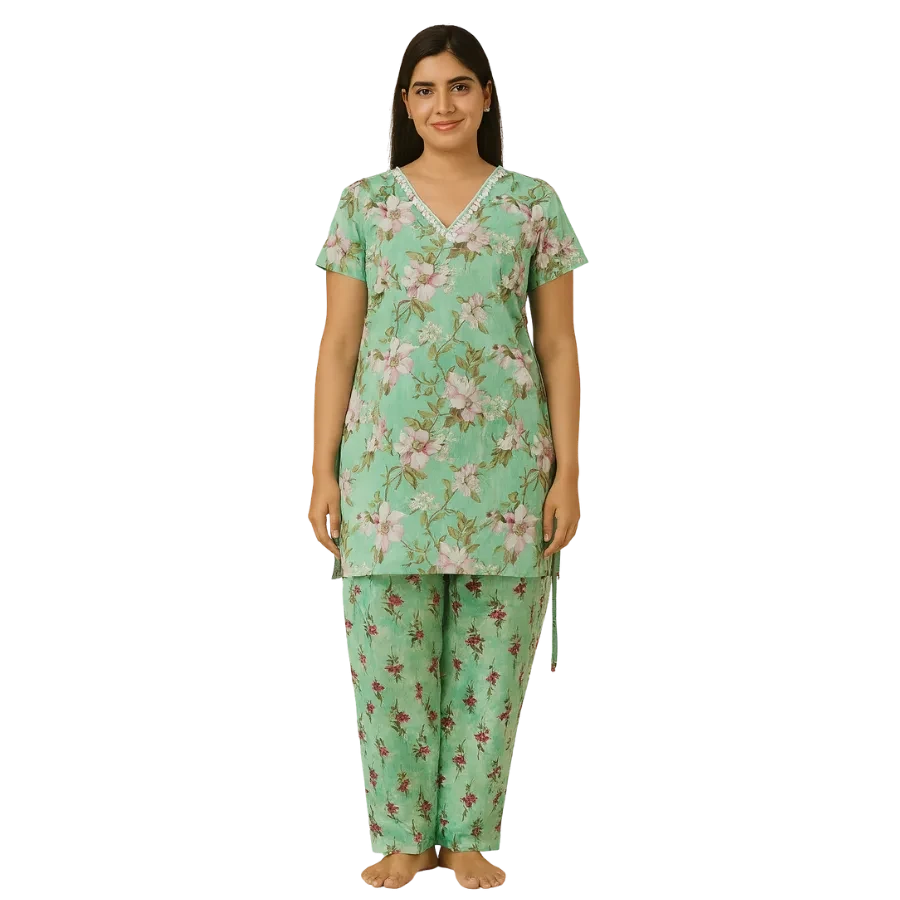Mint Blossom Cotton Night Suit (Top & Bottom Set)