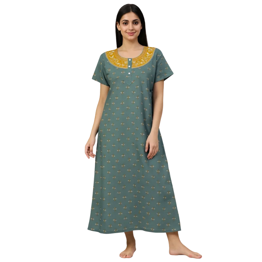 Teal Meadow Yoke Printed Cotton Nighty