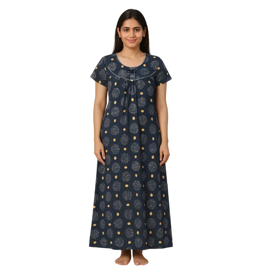 Navy Blue Polka Elegance Cotton Nighty