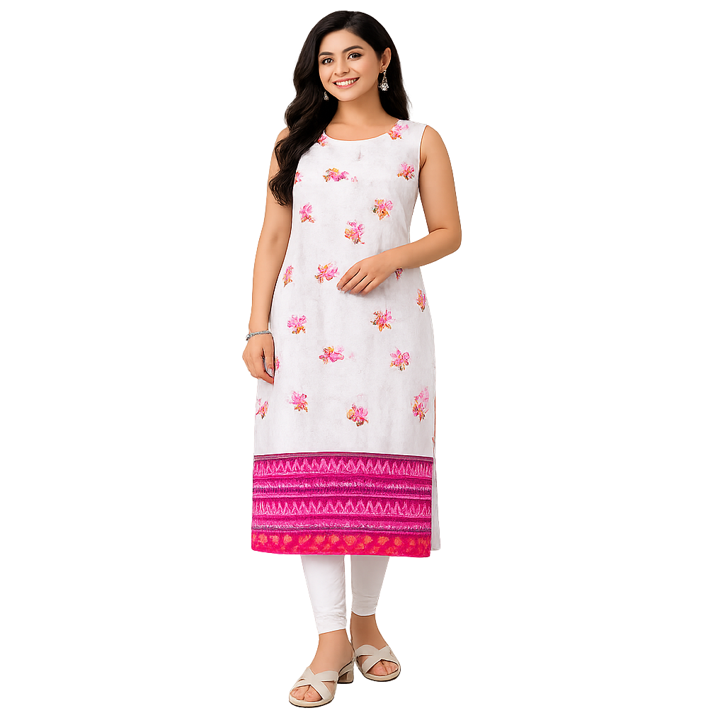 Grey Blossom Straight Kurti with Pink Border