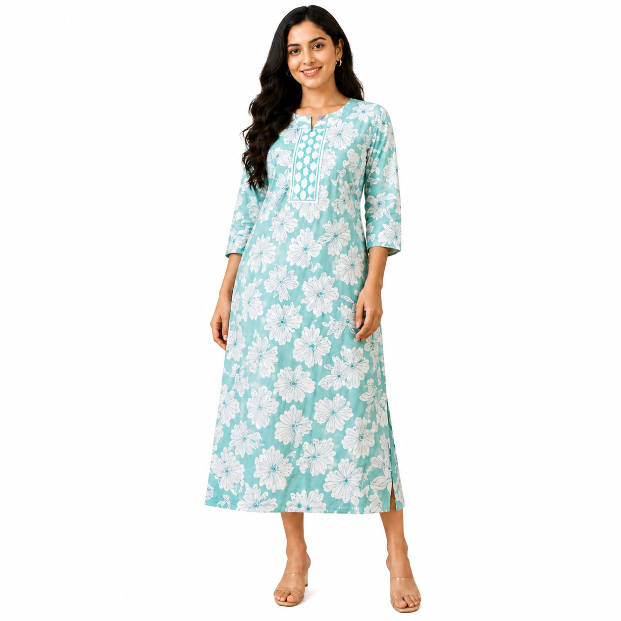 Elegant Sky Blue Floral Printed Kurti for Women (Straight Fit)