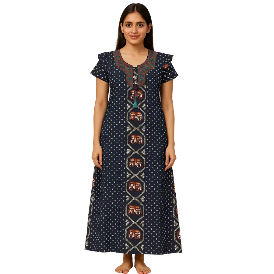 Women’s Navy Blue Printed Cotton Nighty