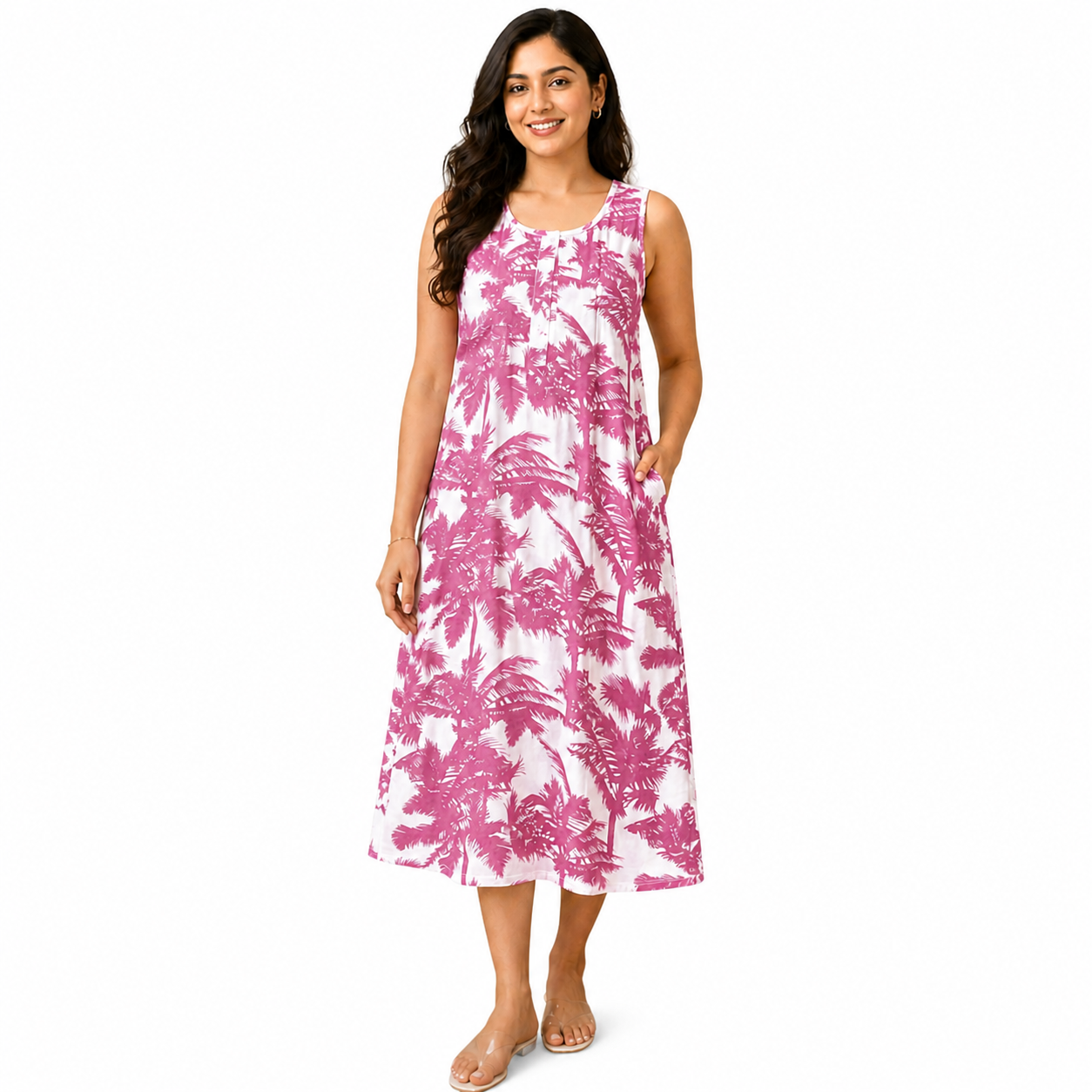 Stylish Pink Tropical Print Sleeveless Kurti Dress for Women