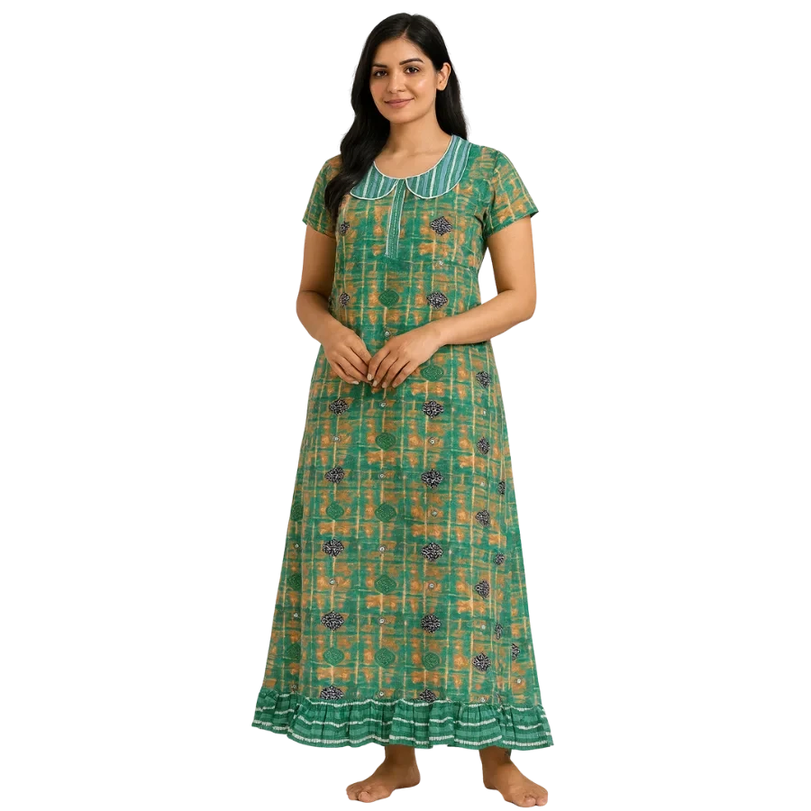 Emerald Checkered Floral Comfort Cotton Nighty