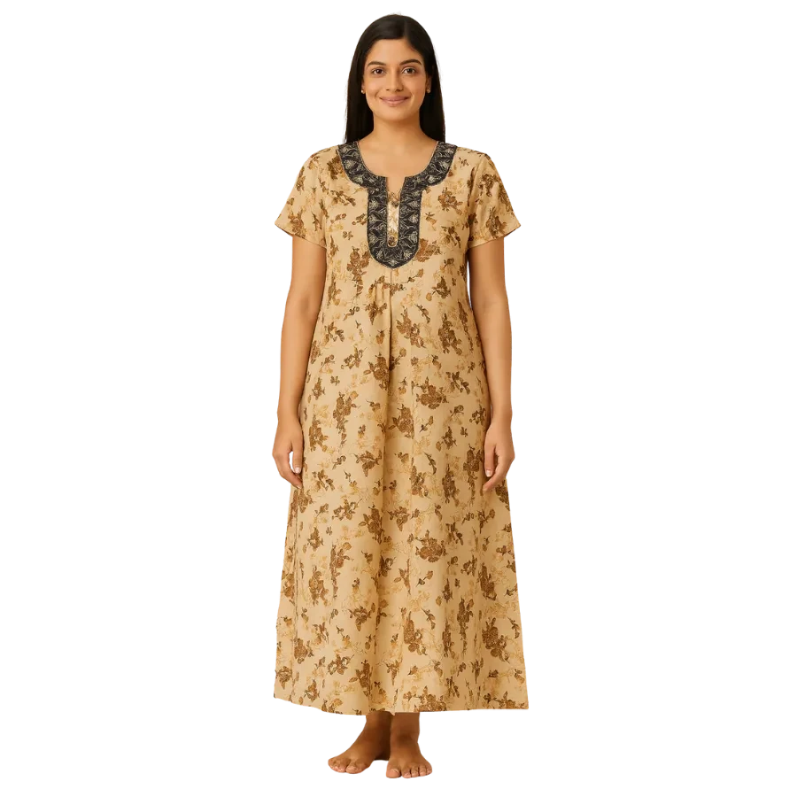 Beige Floral Aura Cotton Nighty