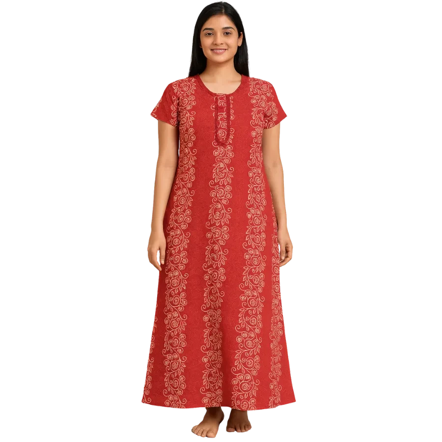 Red Floral Vine Printed Cotton Nighty