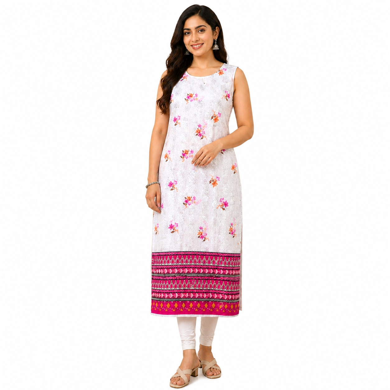 Grey Blossom Straight Kurti with Pink Border