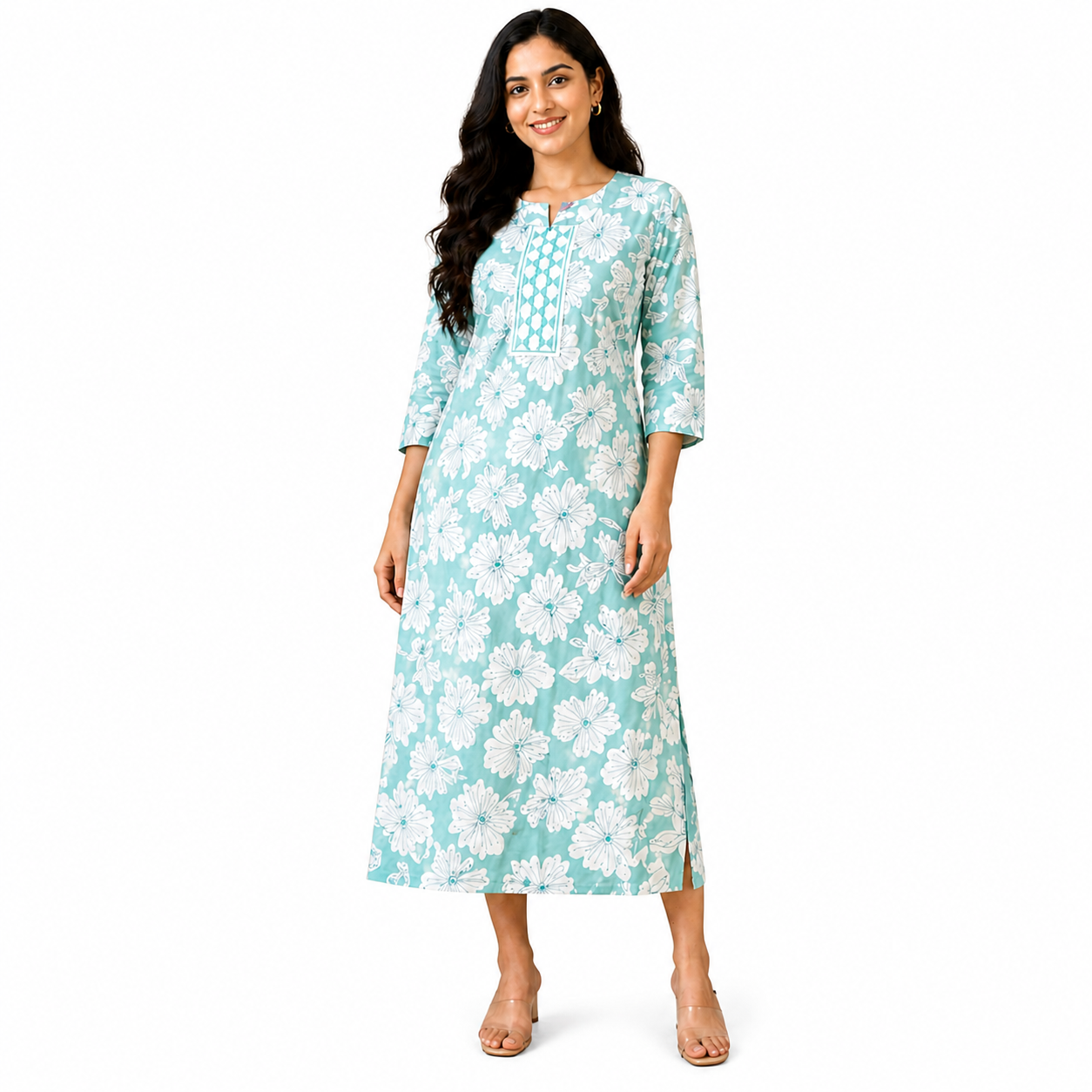 Elegant Sky Blue Floral Printed Kurti for Women (Straight Fit)