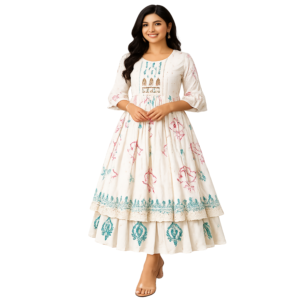 Elegant Ivory Printed Anarkali Kurti Set with Tiered Flare