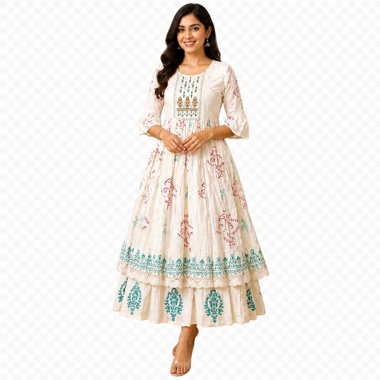 Elegant Ivory Printed Anarkali Kurti Set with Tiered Flare